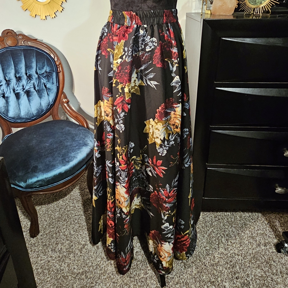 Mlle Gabrielle A-Line Skirt - Black, Red, Yellow Floral